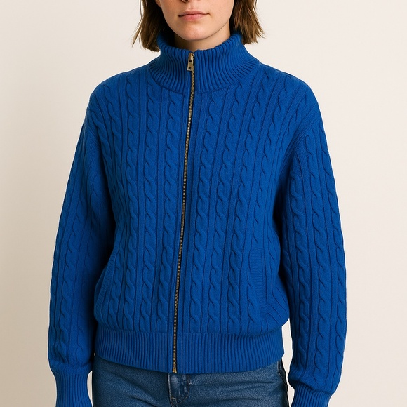 Women’s Blue Cable Knit Zip Up Sweater Jacket Small | The Bubble | - Picture 1 of 4